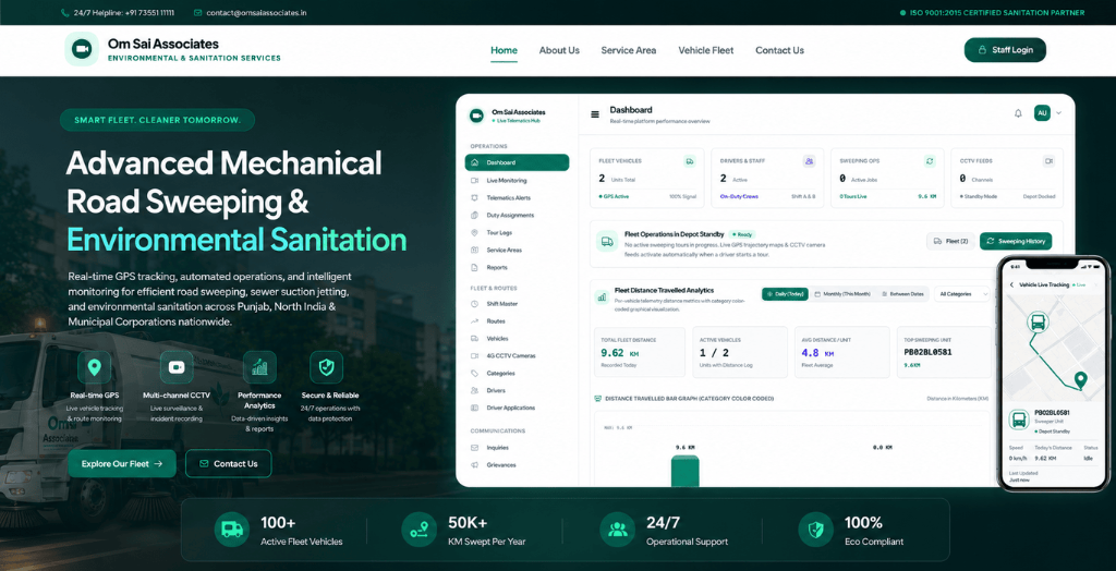 Om Sai Associates Environmental Sanitation & Telematics ERP Dashboard